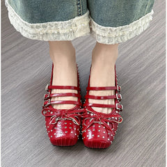 Rivet Ballet Burgundy Mary Jane Flat Shoes Bow Square Head Casual Comfortable Shoes