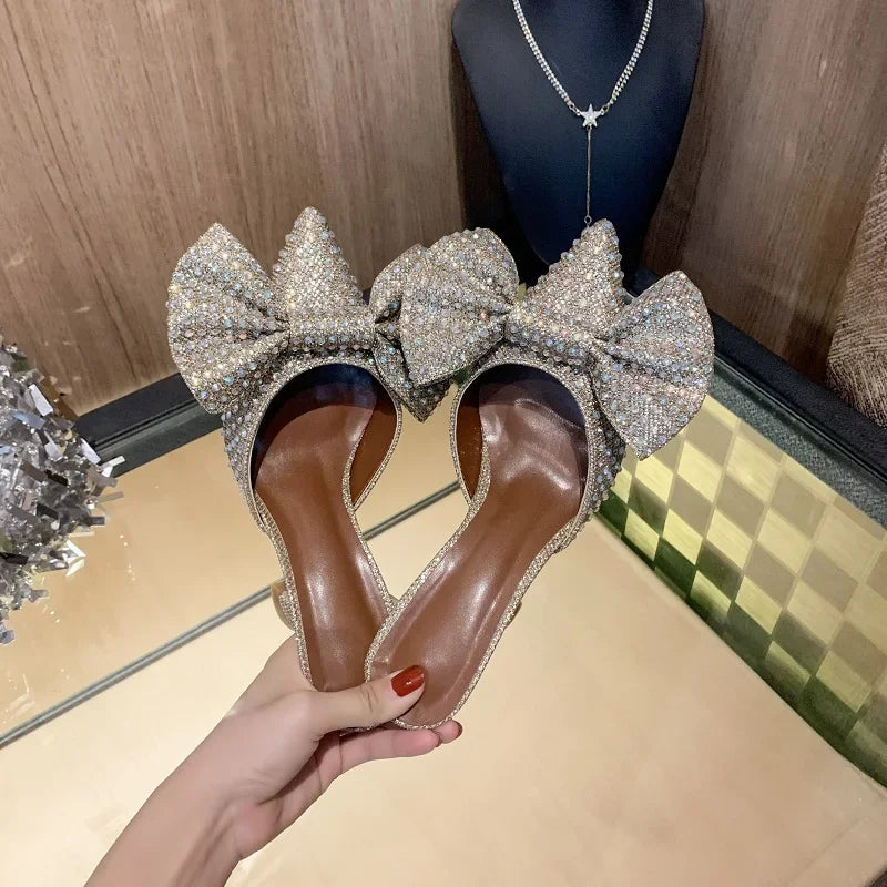 European Station Pointed Bow Sandals Diamond Versatile Ultra High Heel Thin Heel Baotou