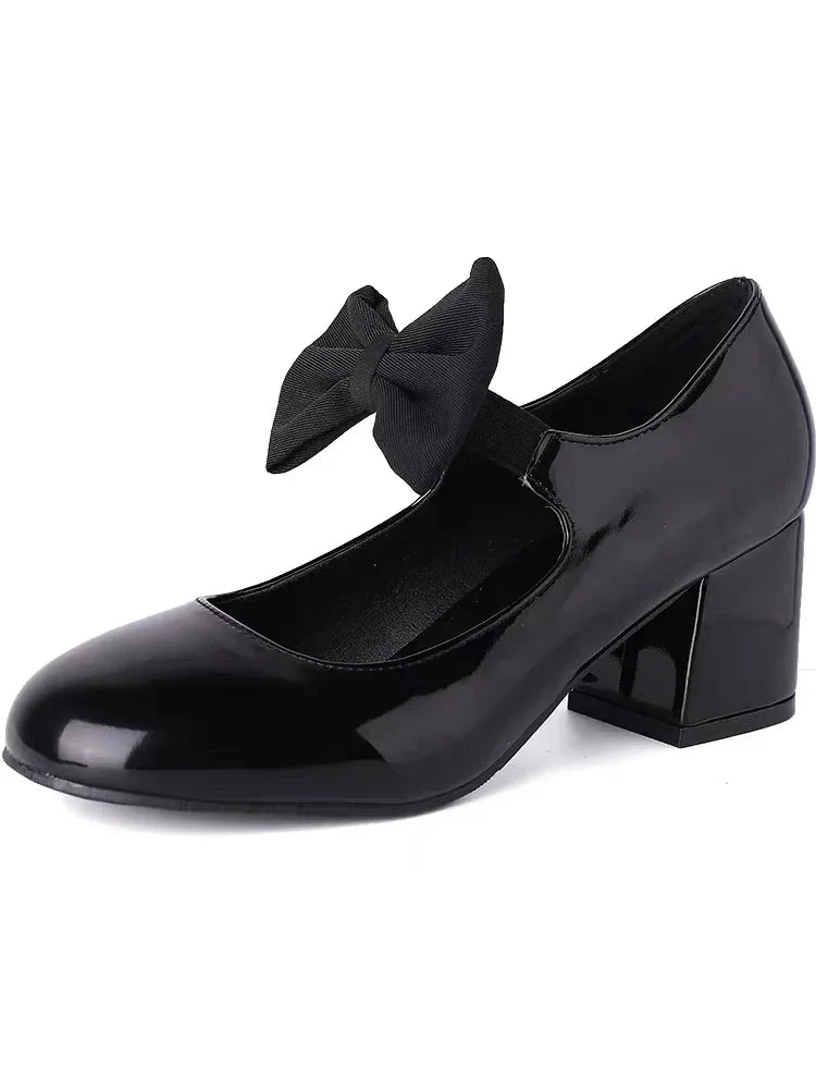Sweet Round Toe Mary Janes Bow Detail Block Middle Heels Classic Dress Party