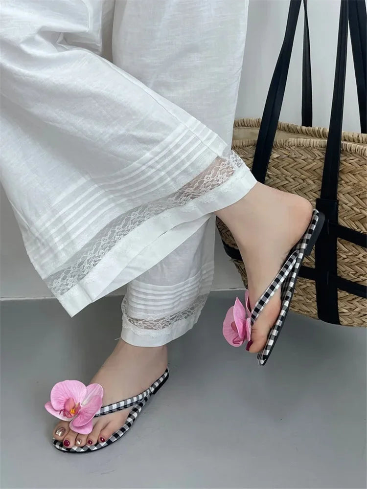 Design Flower Geometric Clip Toe Low Flat Heels Slippers Casual Flip Flops Party Shoes