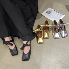 Square Toe Lace-up Shiny Mary Jane Flats Stylish French Flat Silver Shallow One-strap Shoes