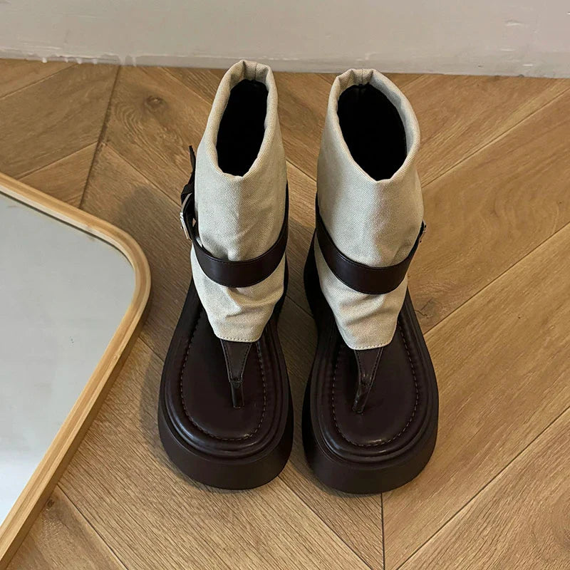 Platform Flats Ankle Boots Clip Toe Shoes Elegant Belt Buckle Sandalias Booties