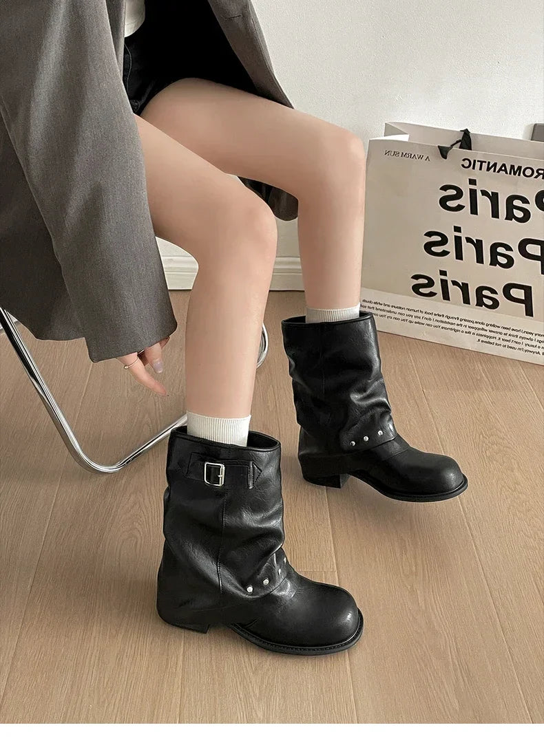 Pleated Western Ankle Boots Rivet Belt Buckle Shoes Concise Vintage Thick Heel Short Booties