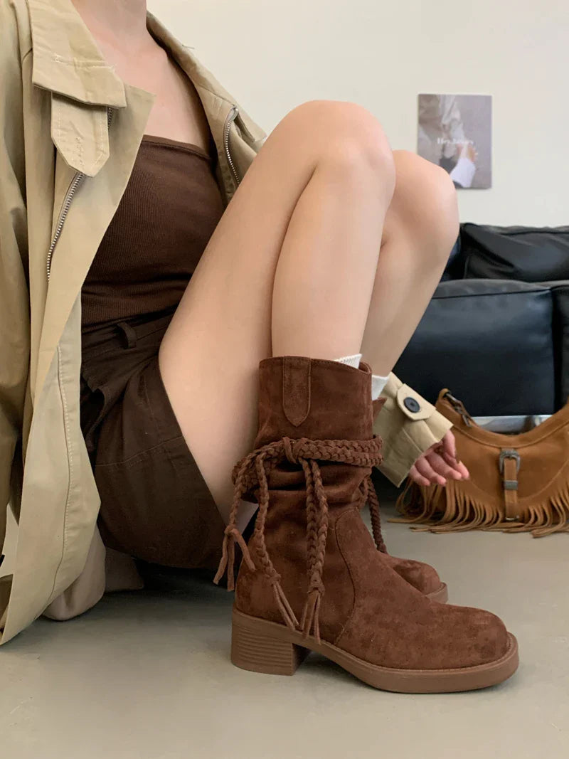 Brown Suede Boots Woman Round Toe Chunky Heels Boots Fall Black Rocks Shoes Botas Western Cowboy Feminina