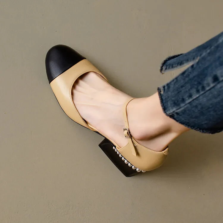 Sheepskin Leather Pumps Pearls Chunky Heels Shoes Brand Two Tone Buckle Pumps Wedding Party Dressy Shoes
