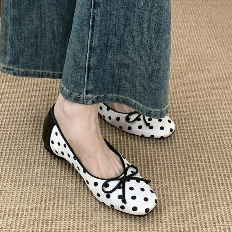 Polka Dot Butterfly-Knot Ballet Flats Round Toe Shallow Comfort Casual Satin Elegant Footwear