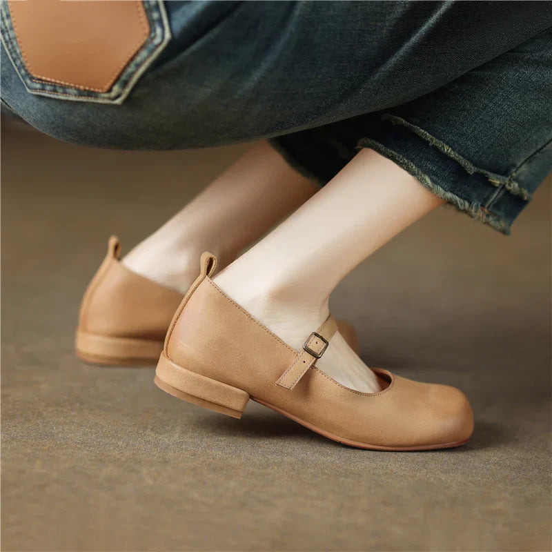 Vintage Round Toe Low Heels Genuine Leather Casual Office Working Shoes Woman Retro Style