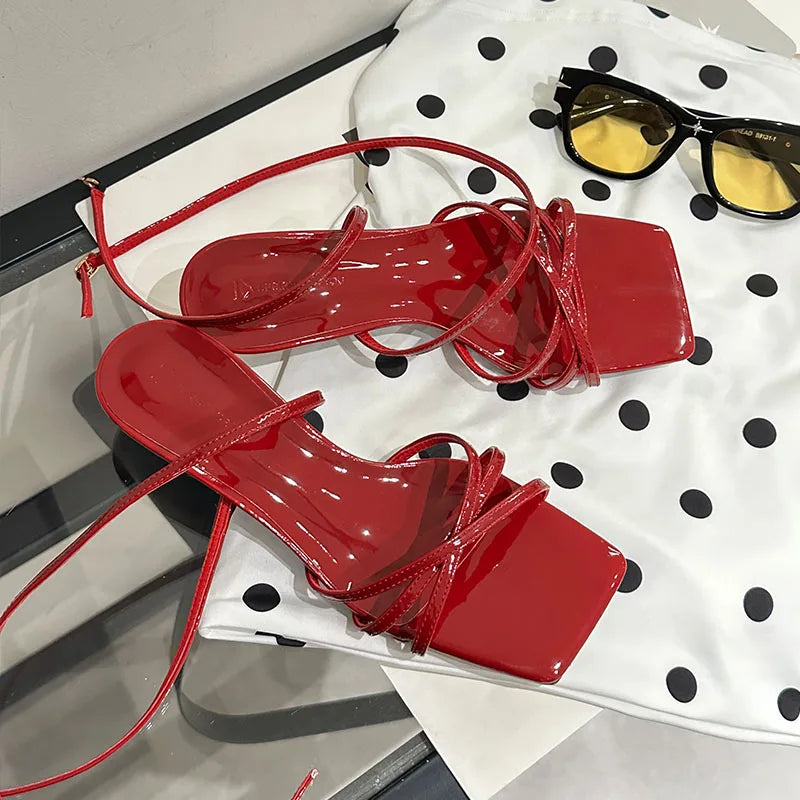 Cross-tied Low Heel Sandals Shoes Shallow Square Toe Footwear Heeled Shoes Sandals Pumps