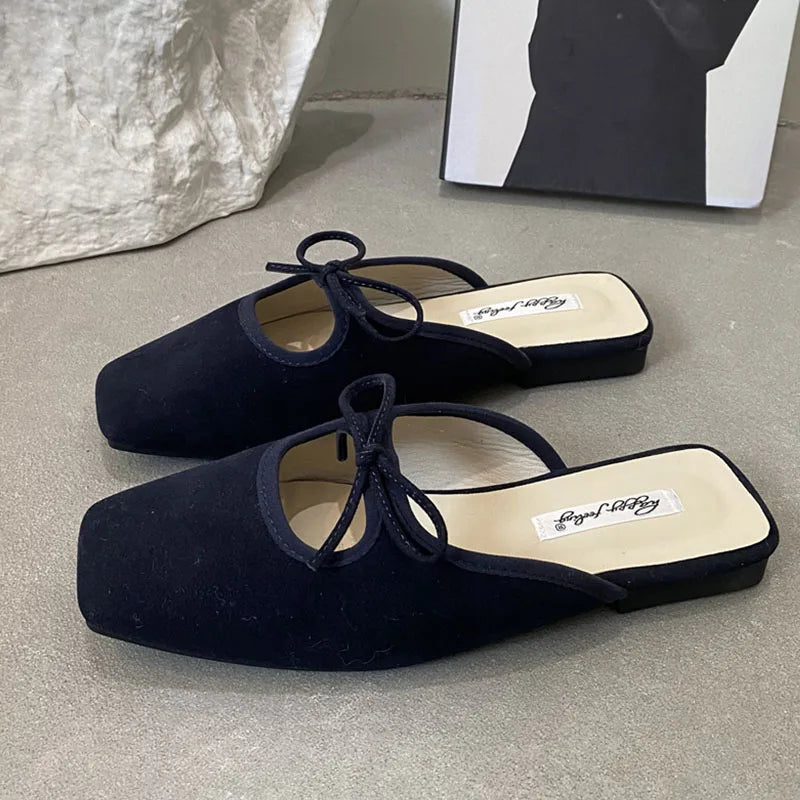 Flat Slipper Square Toe Slip On Mules Shoes Soft Flat Heel Outdoor Dress Sandal Slides Woman