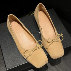 natural suede leather square toe slip-on ballet flats sweet bowtie casual ballerians soft comfort shoes