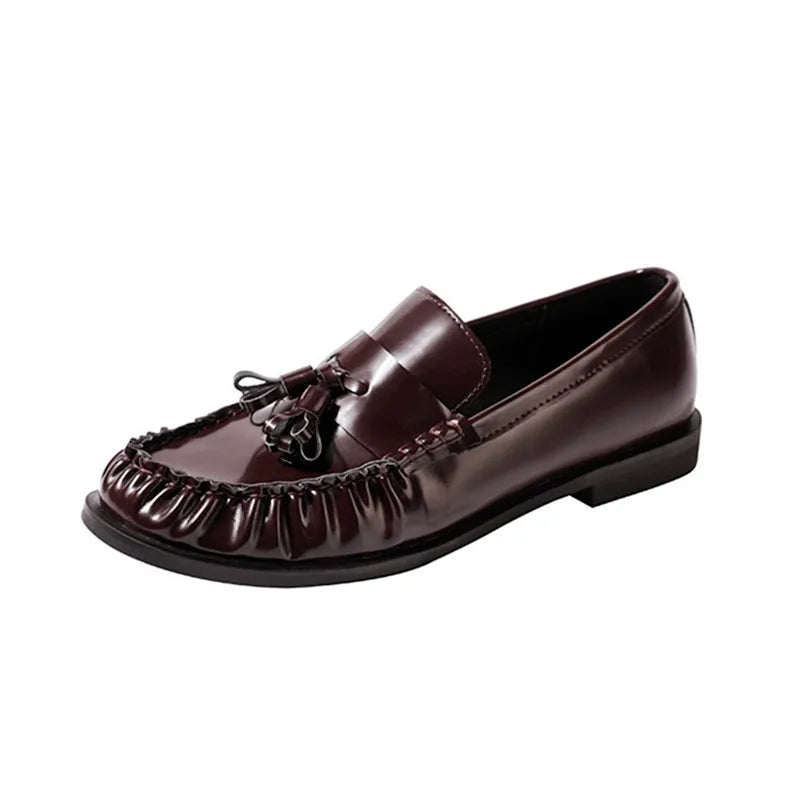 Black Patent Leather Chunky Heel Loafers Pleated Fringe Sewing Shoes Comfortable Soft Leather Zapatos De Mujer