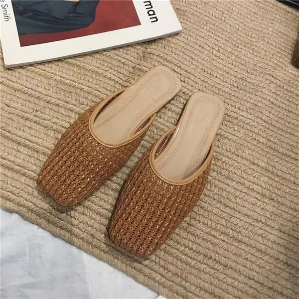 Shoes Slippers Soft Slides Slipers Cover Toe Low Loafers Fretwork Heels Comfort Flat Basic Fabric Rubber Cane PU