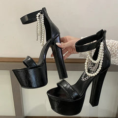 Silver Chain Open Toe Pumps Street Style Chunky Platform Super Square High Heels Zipper Banquet Shoes