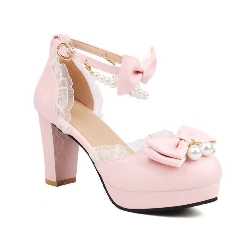 Ankle Strap Two-Piece Lolita Pump Round Toe Platform Kawaii Thick High Heel Bow Buckle Bead Cosplay Shoes Autumn