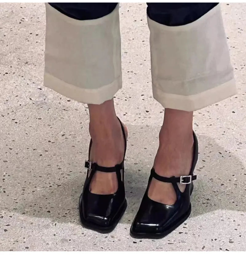Black Patent Leather Mary Janes Slingbacks Wave Toe Chunky High Heels Office Lady Daily Shoes
