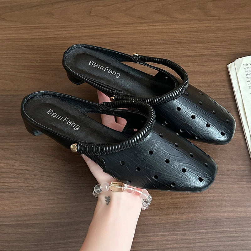 Hollow Sandals Heels Slippers Beach Mules Shoes Trend Chunky Leather Shoes Casual Flip Flops Mujer Slides
