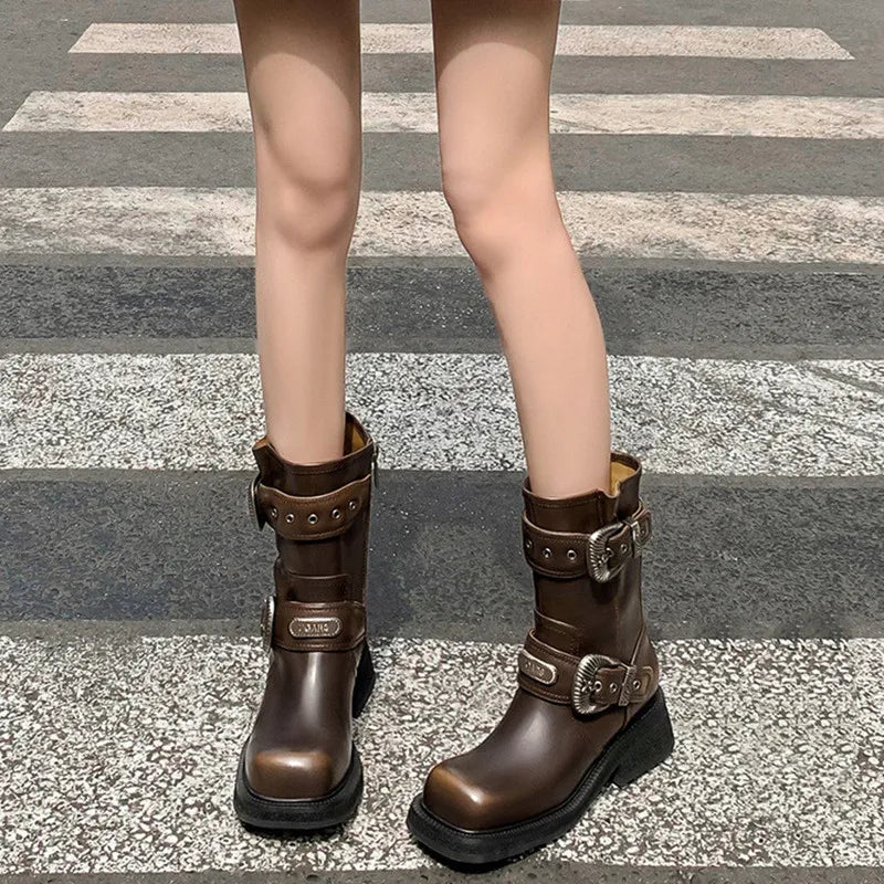 Metal Belt Buckle Motorcycle Boots Rivet Patent Leather Platform Wedge High heels Chunky Boots Shoes