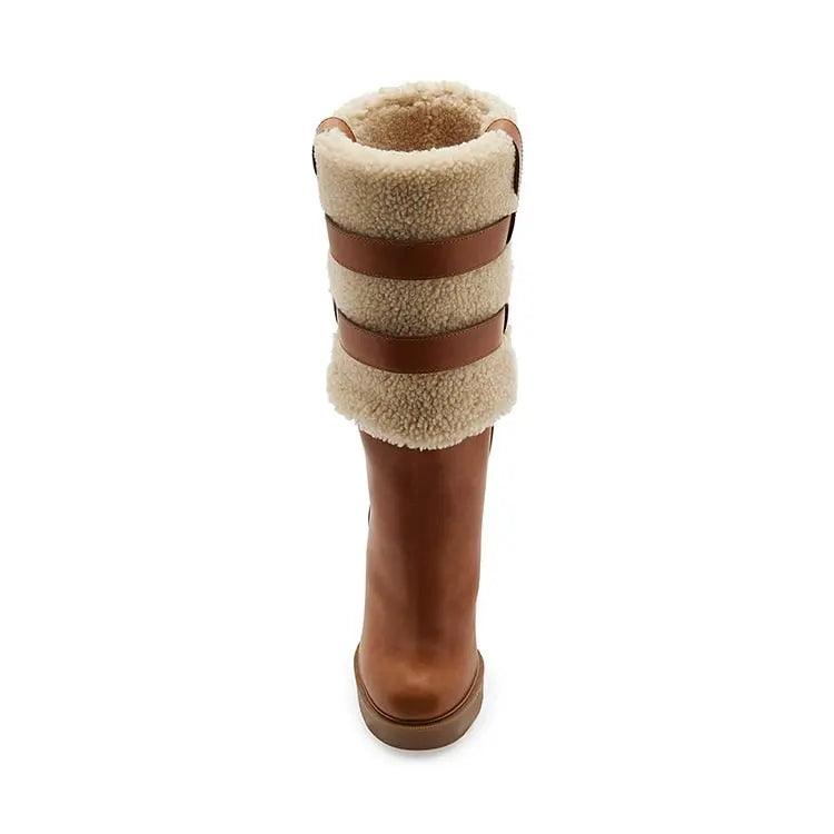 Brown Platform Suede Boots Round Toe Lambswool Shoes Chunky Heel Mid-Calf Booties Warm Vintage Shoes Rubber Sole