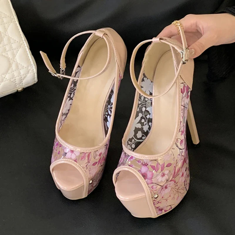 Design Pink Flowers PVC Transparent Platform Pumps Peep Toe 16CM Super High Heels Wedding Banquet Shoes