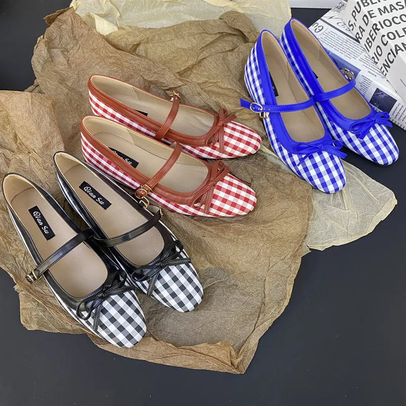 High Quality Checkered Design Mary Jane Shoes Inner Height Increase Flat Ballet Shoes Comfortable Soft Bottom