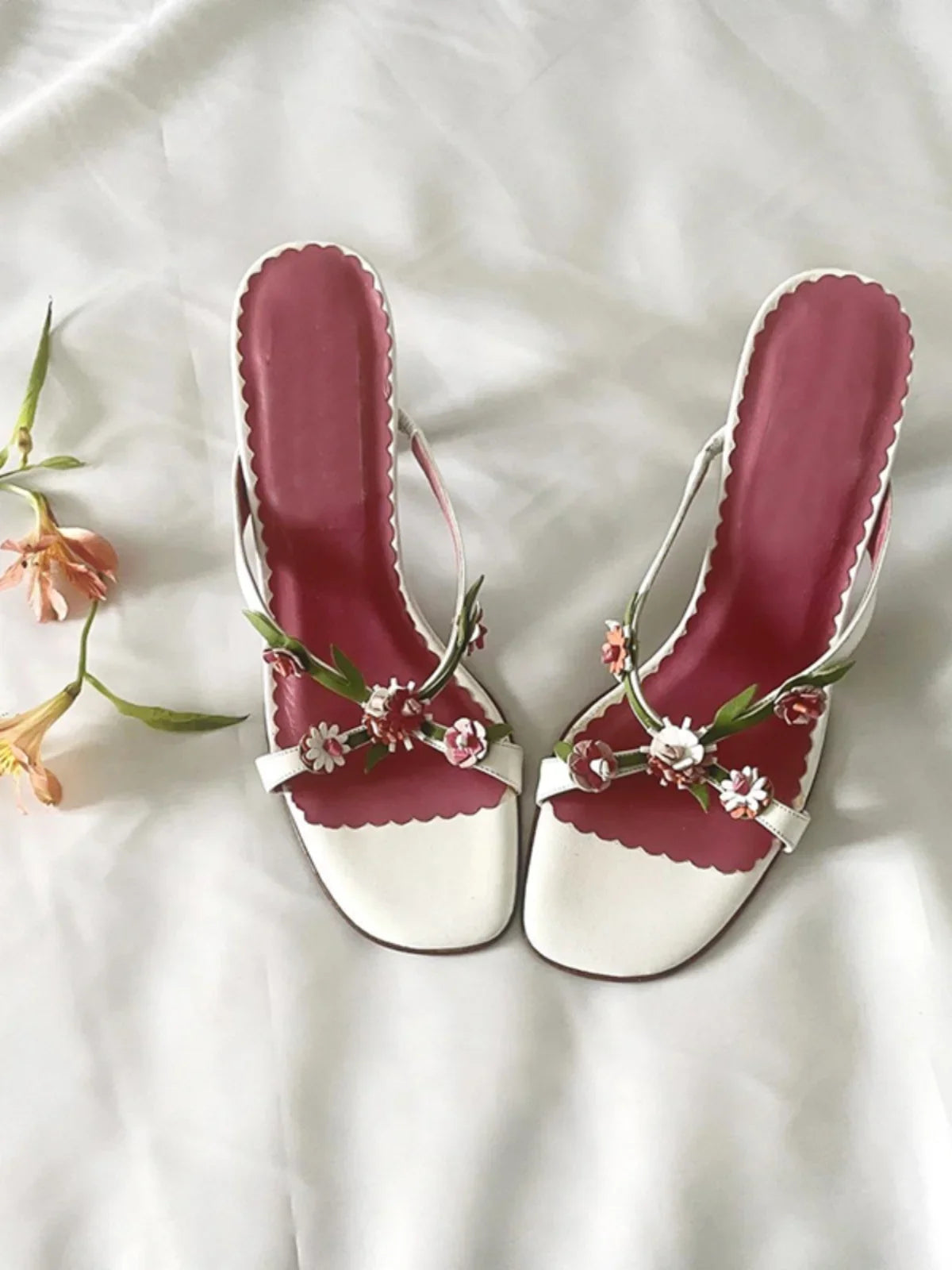 Handmade Flower High Heels Vintage 2000s Sweet Slide Strapless Sandal Heels On Off Shoes Shoes