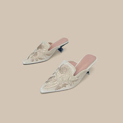 Embroidery Velour Shoes Woman Strange Heel Slippers Design Mules Femme Pointed Toe Wedges Tacones Slides Slip On Pantuflas Mujer