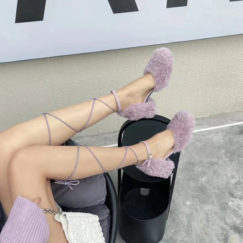 Brand Sandal Furry Elegant Square Low Heel Dress Pumps Shoes Outdoor Slingback Shoes