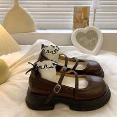 Leather Mary Jane Shoes Japanese Style Lolita Round Toe High on Platform Footwear Black Gothic Vulcanized
