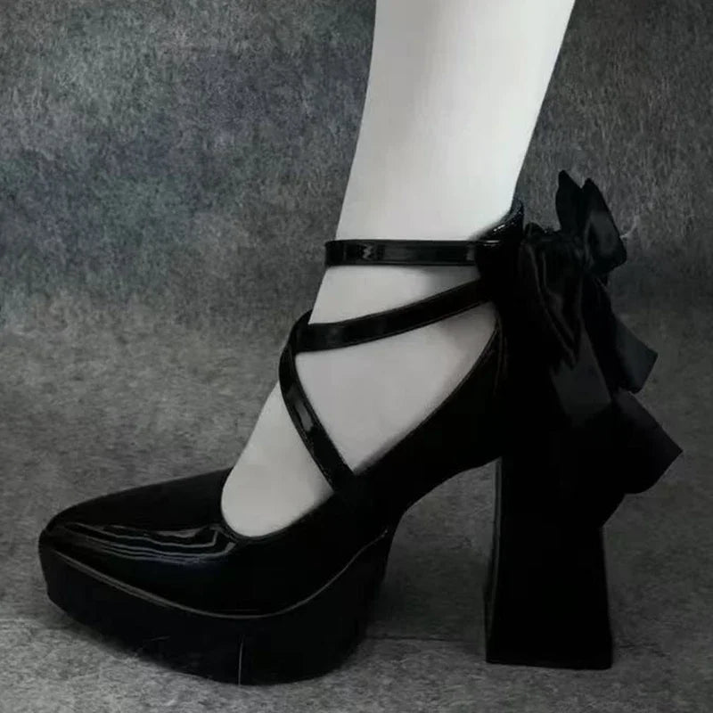 Bow High Heels Mary Jane Shoes Pointed Toe Shoes Platform Sandals Lolita Party Pumps Chunky Zapatos Woman