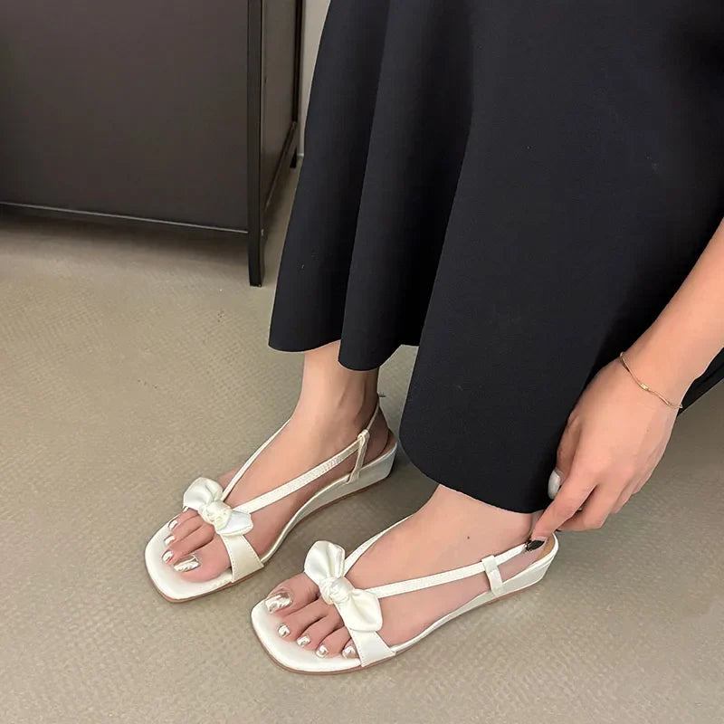 Elegant Low Heel Sandals Wedges Shoes Buckle Footwear Butterfly-Knot Heeled Sandals