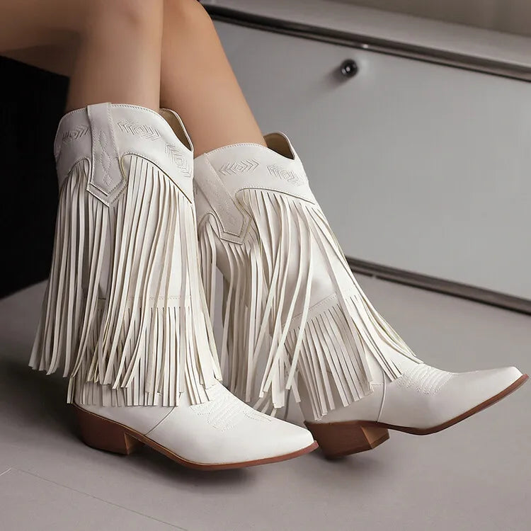 Fringe Western Boots Pink Sweet Embroidered Boots Brown Tassels Block Medium Heels Shoes Plus Size 48 Lady