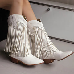 Fringe Western Boots Pink Sweet Embroidered Boots Brown Tassels Block Medium Heels Shoes Plus Size 48 Lady