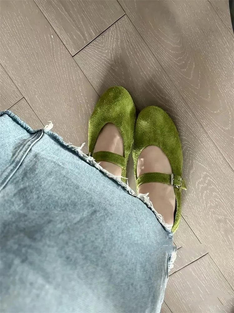 Leather Mary Janes Flats Shoes Cow Suede Buckle Strap Ballet Flats Shoes Shallow Soft Casual Loafers
