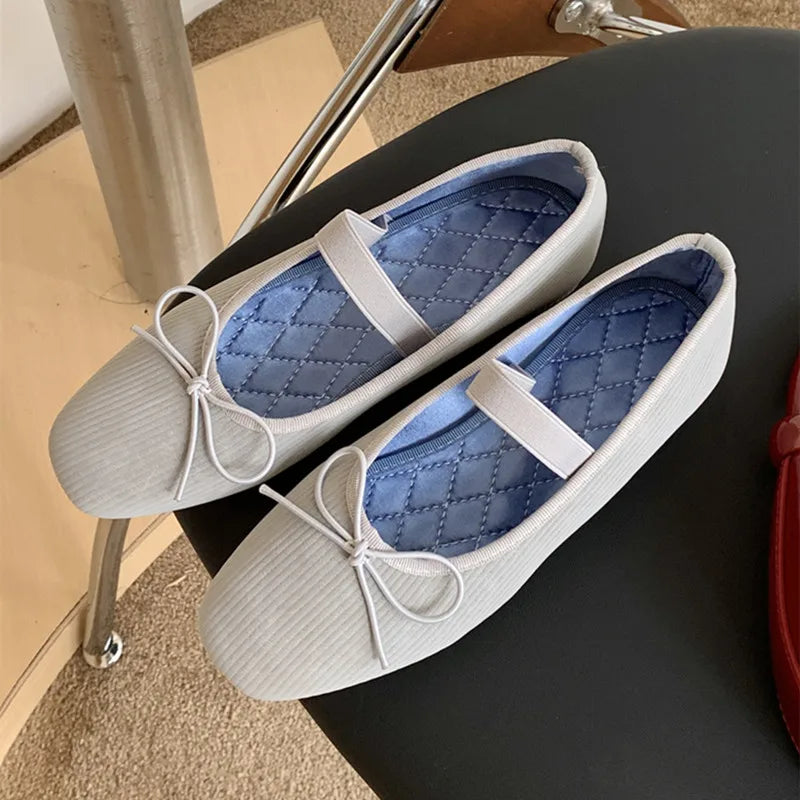Sweet Butterfly Knot Stripe Design Mary Jane Shoes Comfortable Suede Elastic Band Casual Flats Elegant Brand Shoe