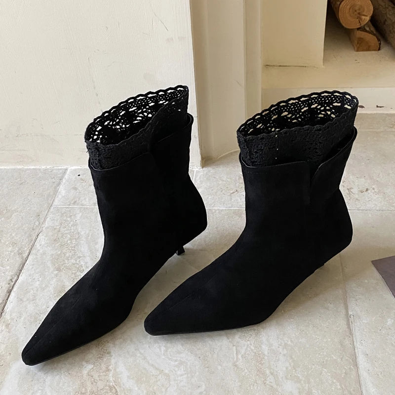 Pointed-Toe Faux Suede Ankle Boots Elegant Stiletto Heels