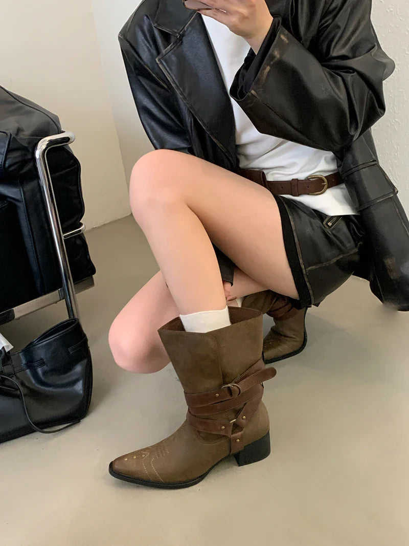 Black Chunky Heels Ankle Boots Woman Pointed Toe Rivet Fall Shoes Belt Buckle Western Style Cowboy Boots Zapatos Mujer