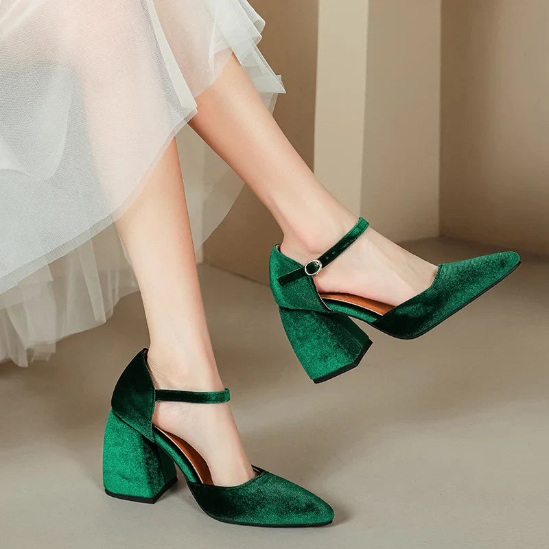 Elegant Velvet High Heels Shoes Ankle Straps Black Green Heeled Pointy Party Shoe Dress Pumps 45