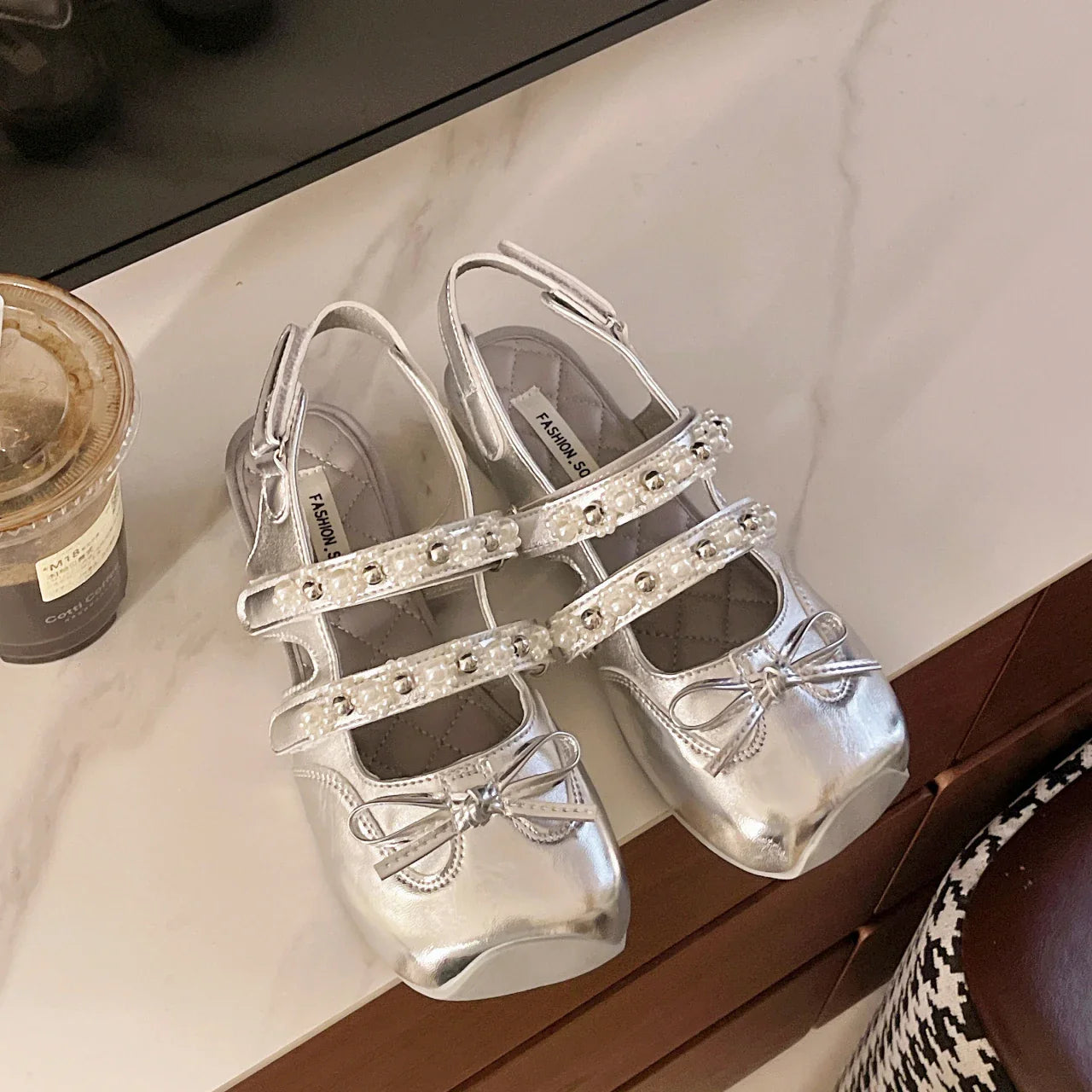 Pearl Bow Mary Jane Leather Shoes Flats Sandals Square Toe Slippers Lolita Mujer Zapatillas