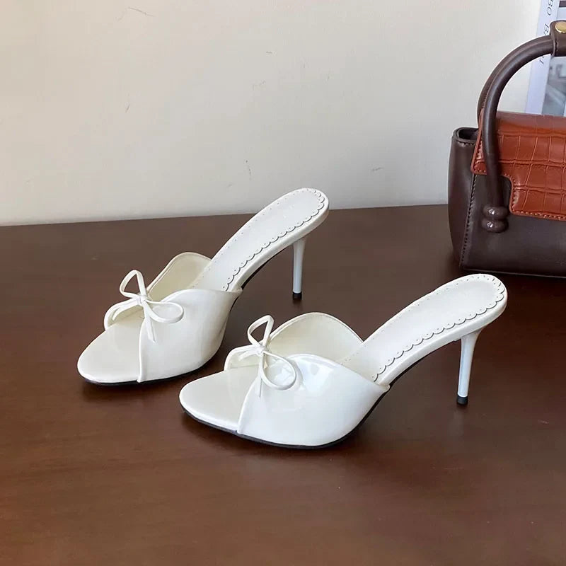Round Toe Footwear Thin Heels Slides Shoes Butterfly-Knot Slip On High Heels Shoes