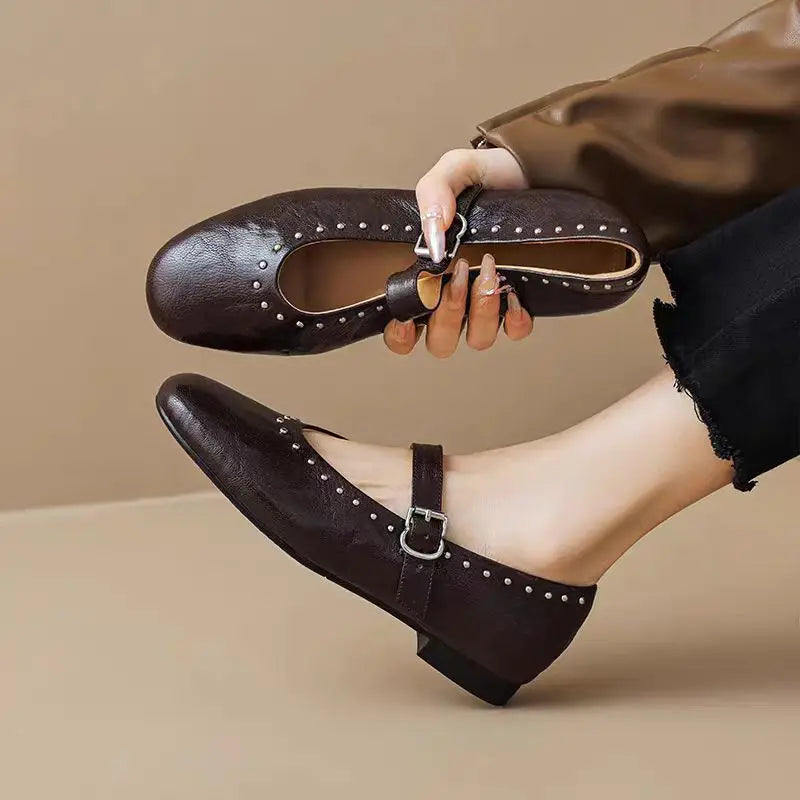 French Retro Mary Jane Ballet Shoes Flat Flat Casual Round Toe Riveted Shallow Mouth Single Shoes