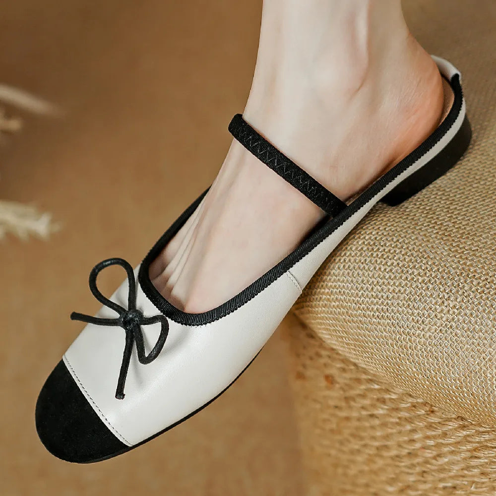 genuine leather mix color pathcwork round toe slip-on flats mules leisure soft comfortable shoes