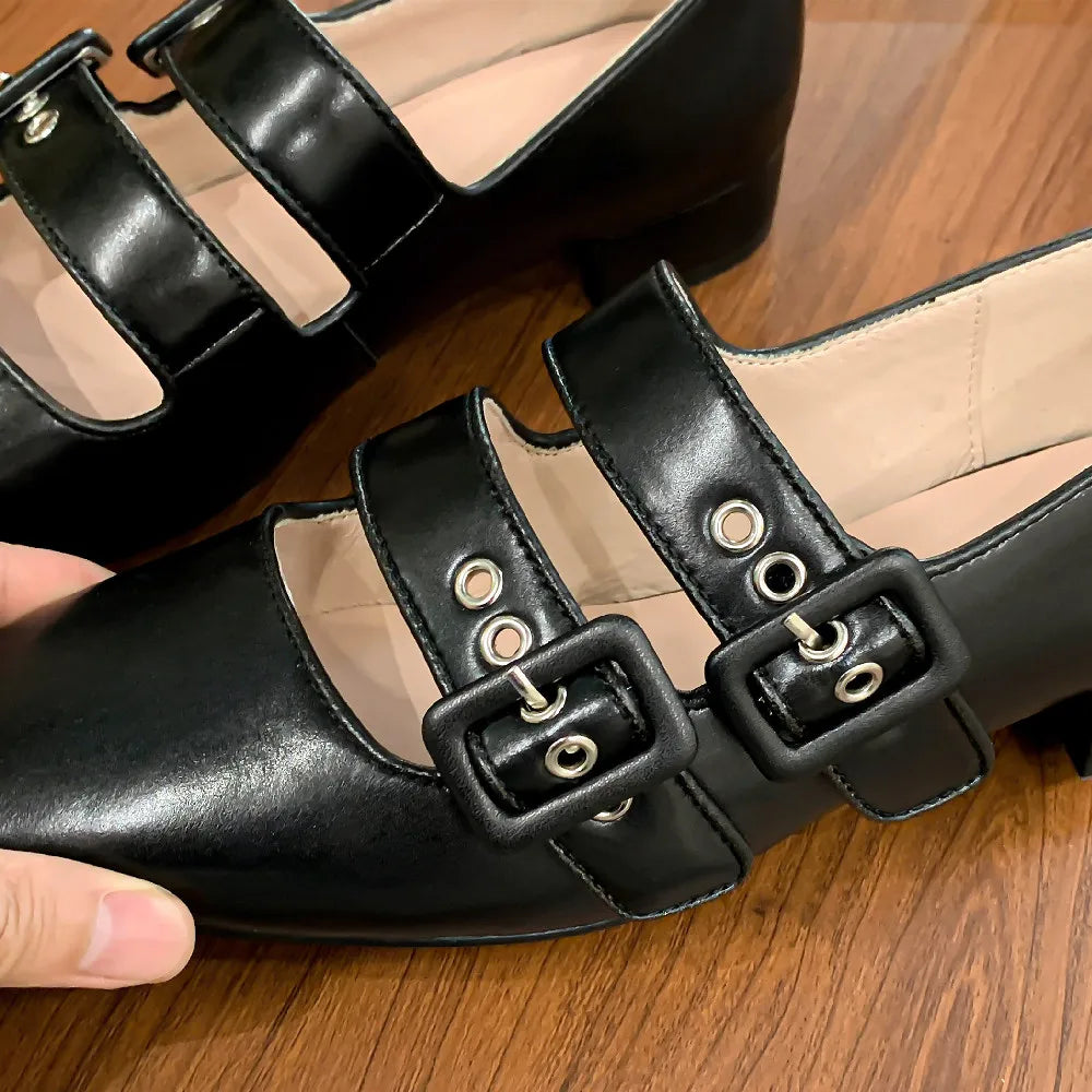 genuine leather double metal buckle slip-on mary jane flats sqaure toe casual soft comfortable ballerinas shoes