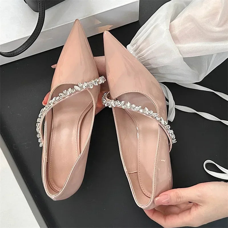 High Quality Rhinestone Decoration Pointed Toe Patent Leather Thin High Heels Elegant Party Dress Mules Shoes