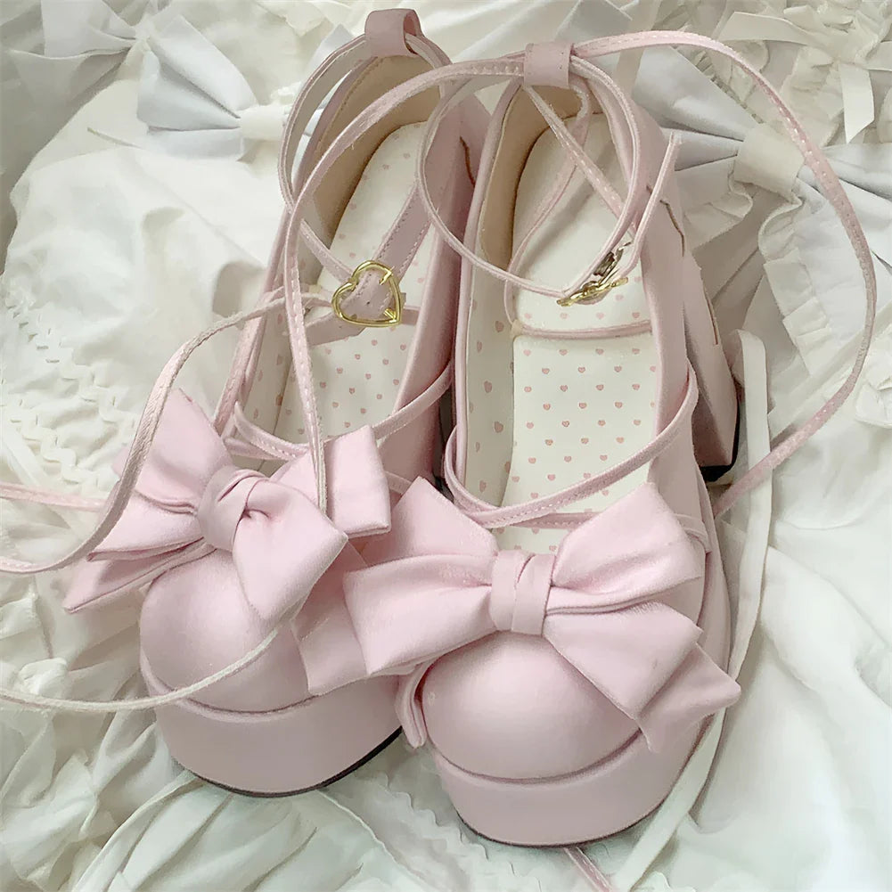 Lolita Bow Bow Decor Pumps Platform Chunky High Heels Ankle Strap Sweet Cute Elegant Pumps