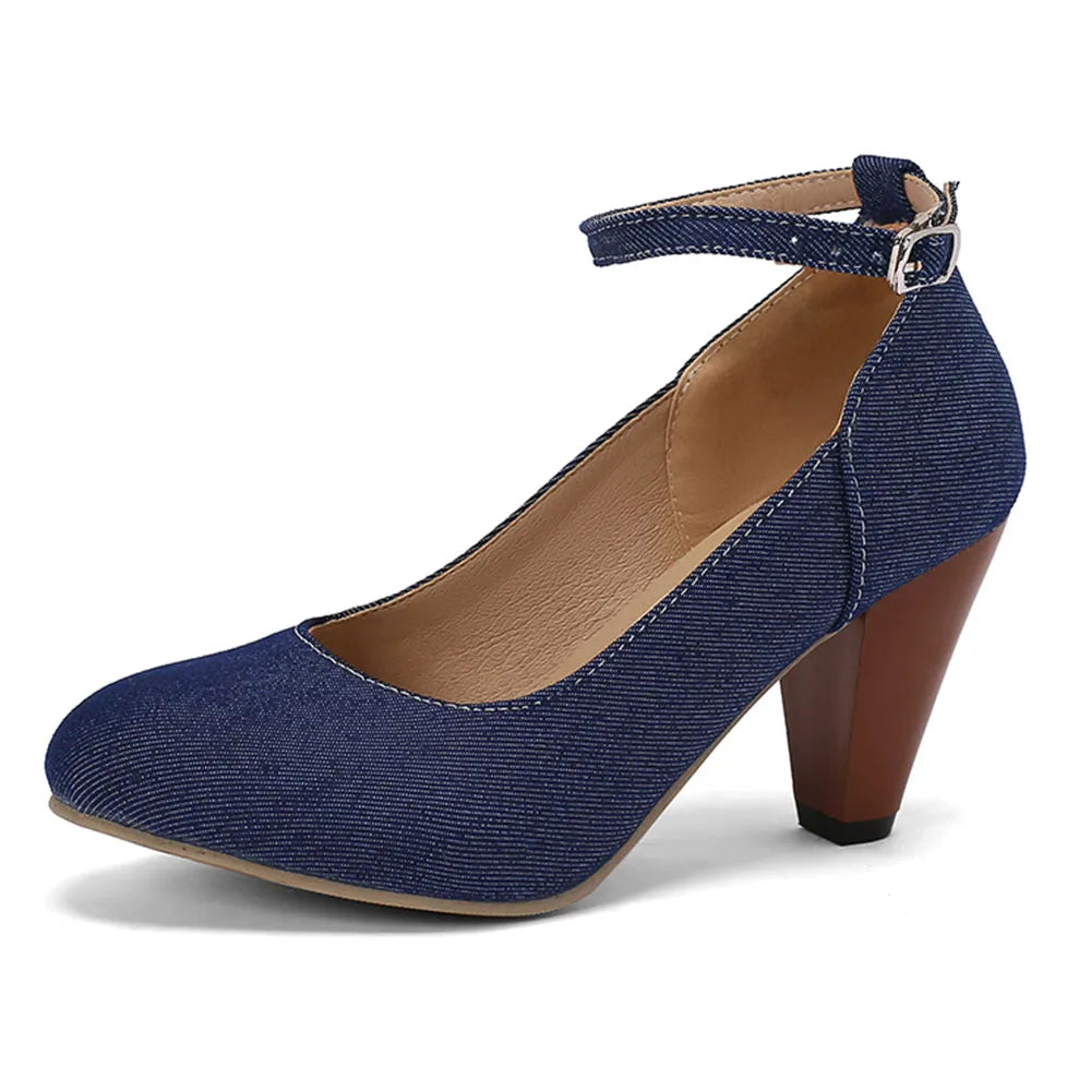 Plus Size 48 Brand Round Toe Chunky Heel Pumps Elegant Bow Buckle Solid Party Shoes