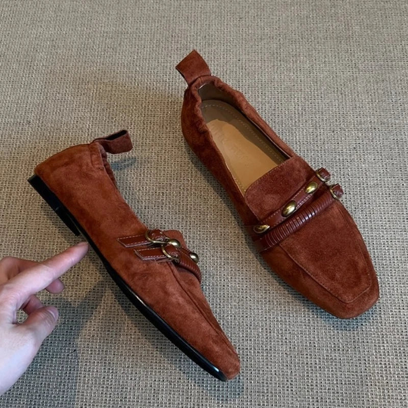 British Style Suede Square Toe Loafers Retro Belt Buckle Design Flats Shoes Comfortable Casual Commute Office Shoe