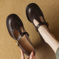 sheepskin chunky heel round toe t-strap slip-on pumps British style retro med heeled shoes