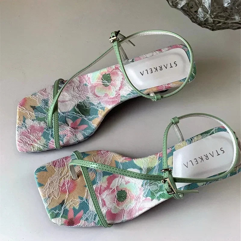 High Quality Original Elegant Satin Floral Design Heels Ankle-Wrap Clip Toe