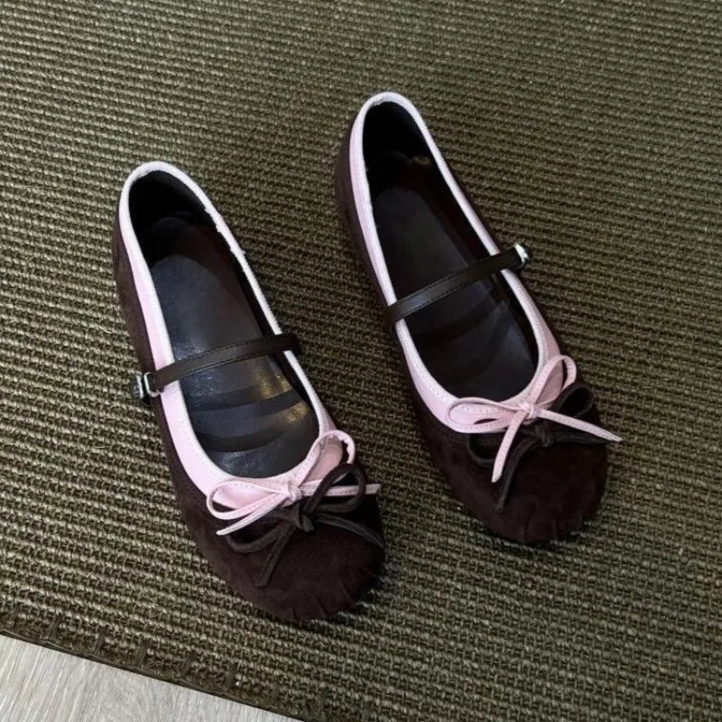 Sweet Bowknot Decoration Ballet Flats Round Toe Suede Patchwork Mary Jane Shoes Comfortable Soft Sole