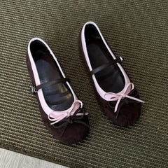 Sweet Bowknot Decoration Ballet Flats Round Toe Suede Patchwork Mary Jane Shoes Comfortable Soft Sole